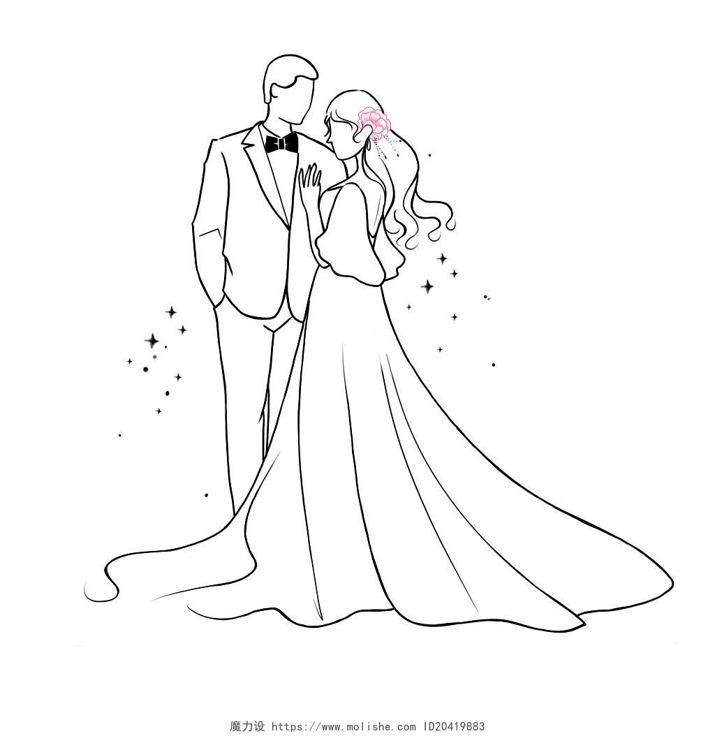 手绘线条婚礼卡通人物原创素材